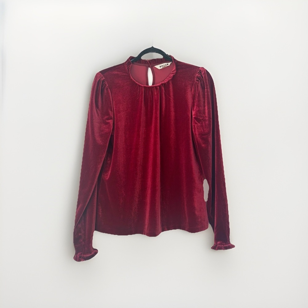Boden Velvet Frill Trim Long Sleeve Top Red Women's US Size 10 Mockneck - Picture 2 of 6